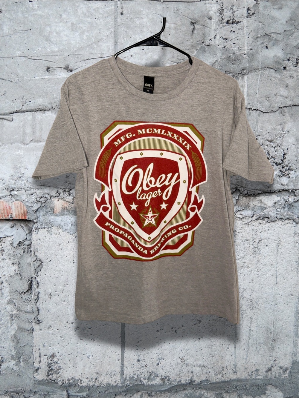 Obey Gray Tee with Red and Gold Crest Graphic